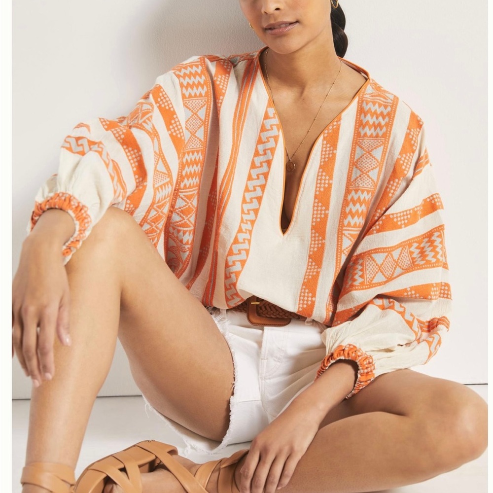 Devotion TWINS Orange and Cream Patterned V-Neck Blouse